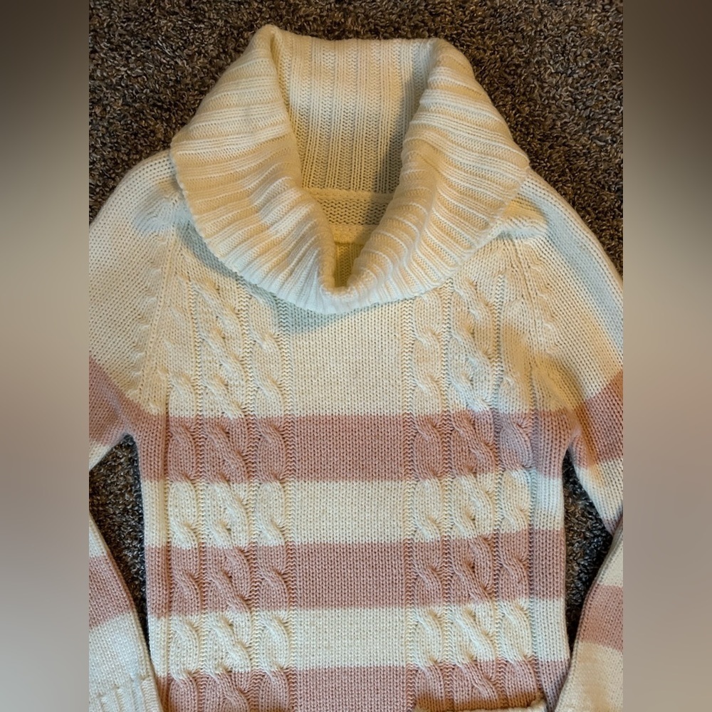 5/$25 Adorable pink and white wide striped sweater with oversized neck size XS-S - Picture 4 of 7